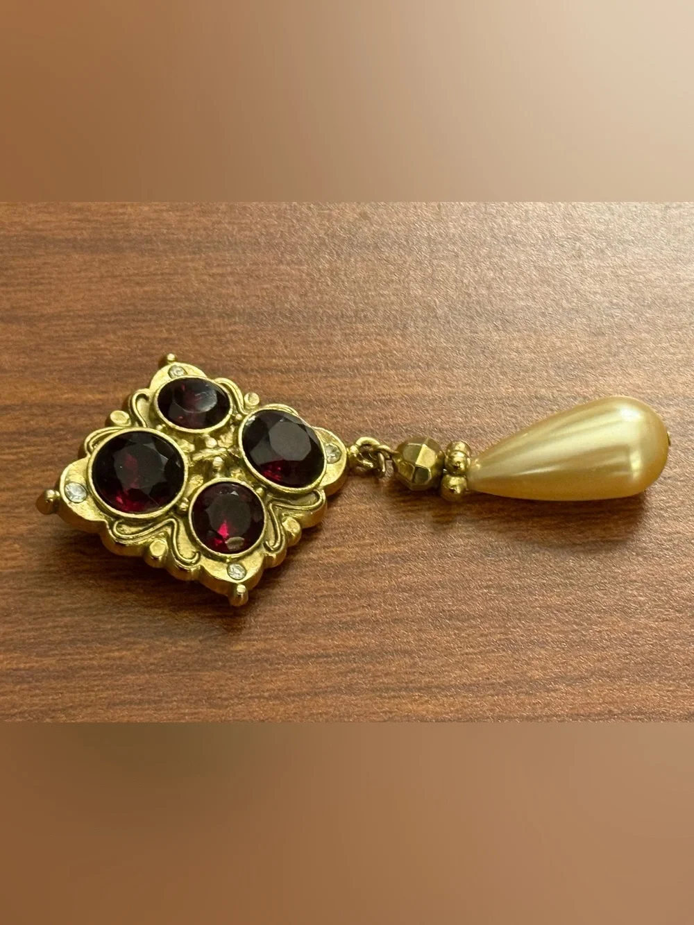 Vintage 1928 Red Cabochons with Pearl Drop Pin Brooch
